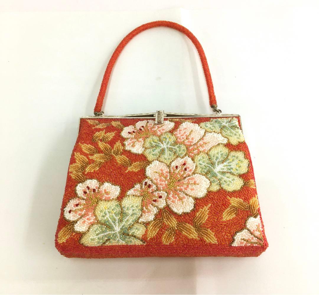 花柄ビーズ刺繍 がま口バッグ 総ビーズ　昭和レトロ