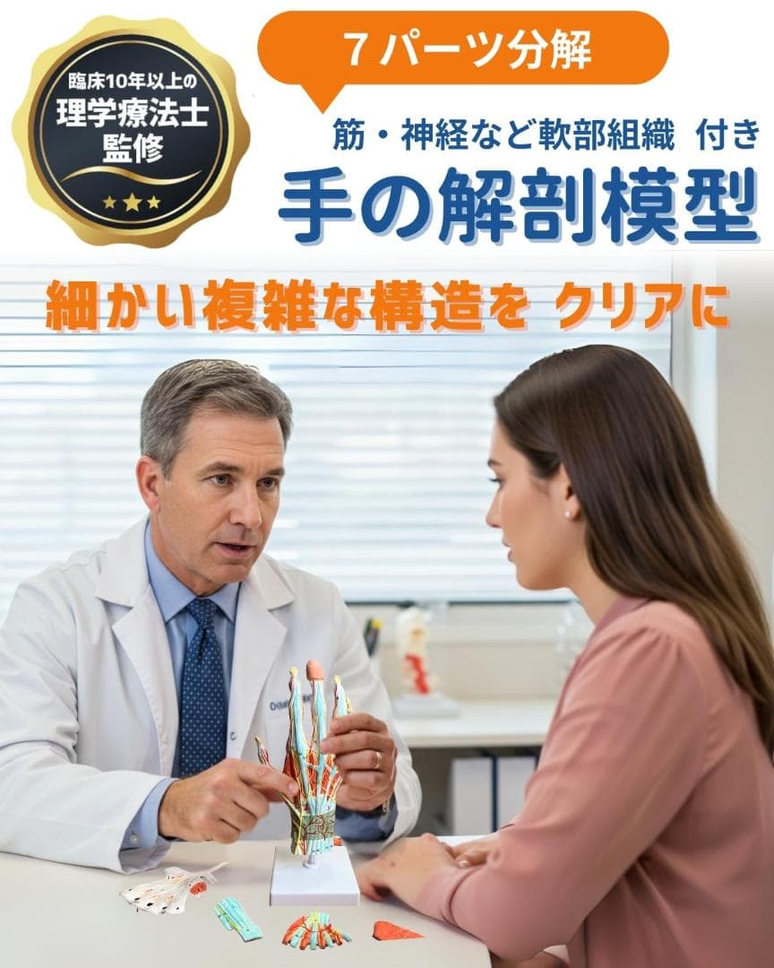 人体模型　手解剖模型 7パーツ分解 等身大 軟部組織付き