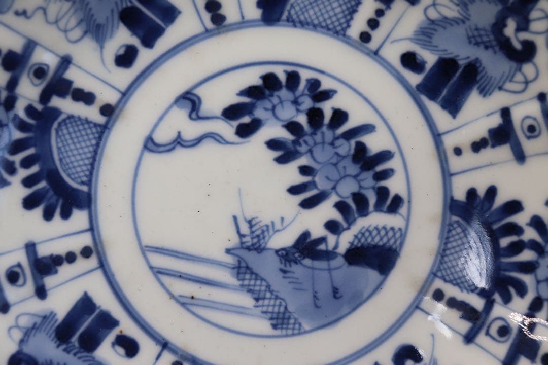 中国　明時代　染付花卉昆虫紋花口皿4点　送料込み0201