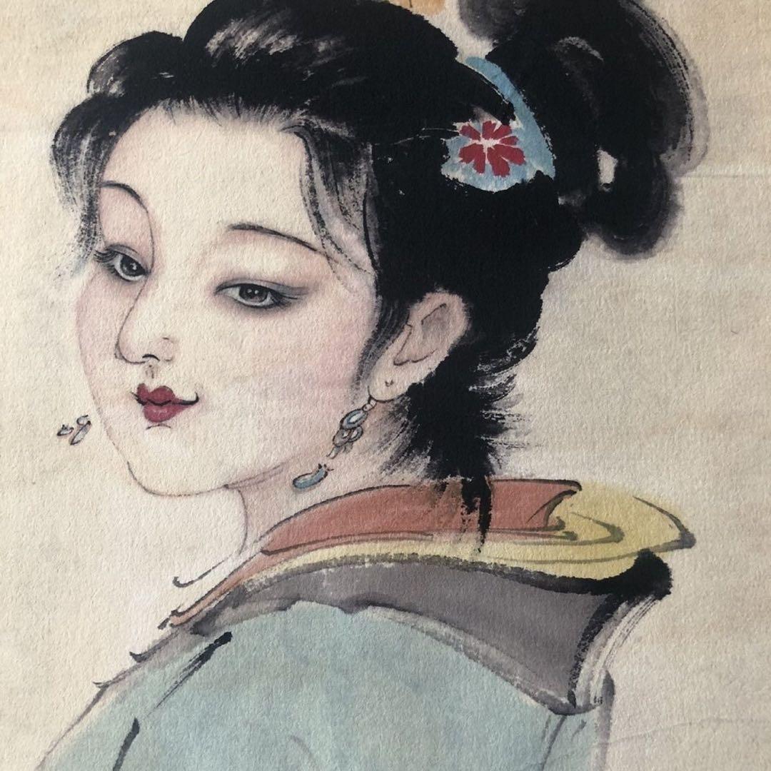 白伯骅『月柳含怡』　三尺中堂掛軸　美人画　掛け軸　サイズ174×77cm