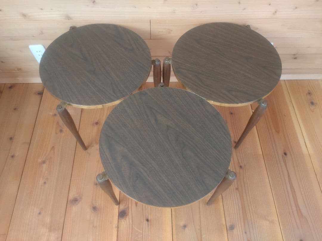 スタッキング丸テーブル　3脚セット　メラミン化粧板　昭和レトロ