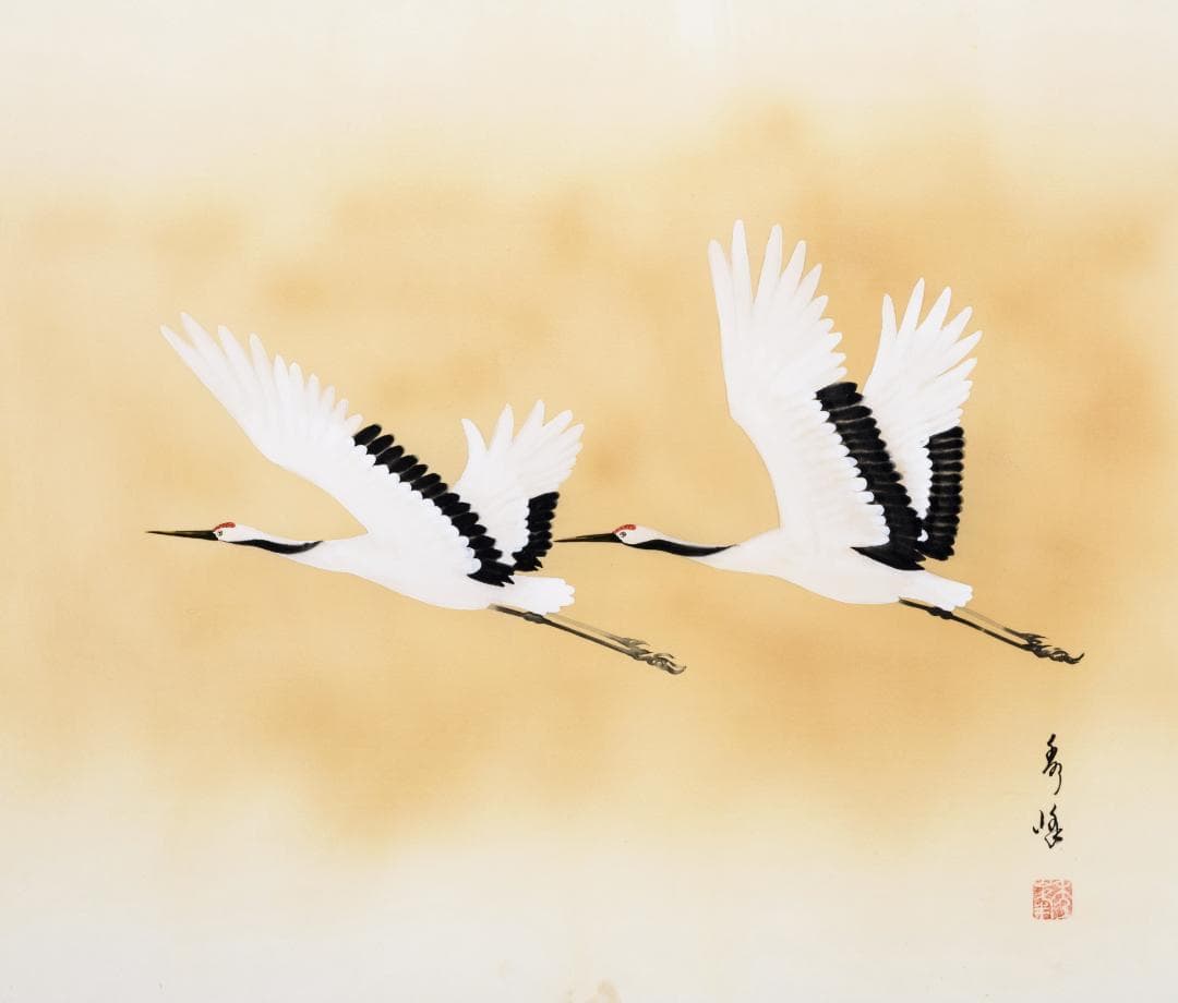 F10　肉筆水彩　日本画　『鶴』　高級木製額縁付属　外寸約713×638mm