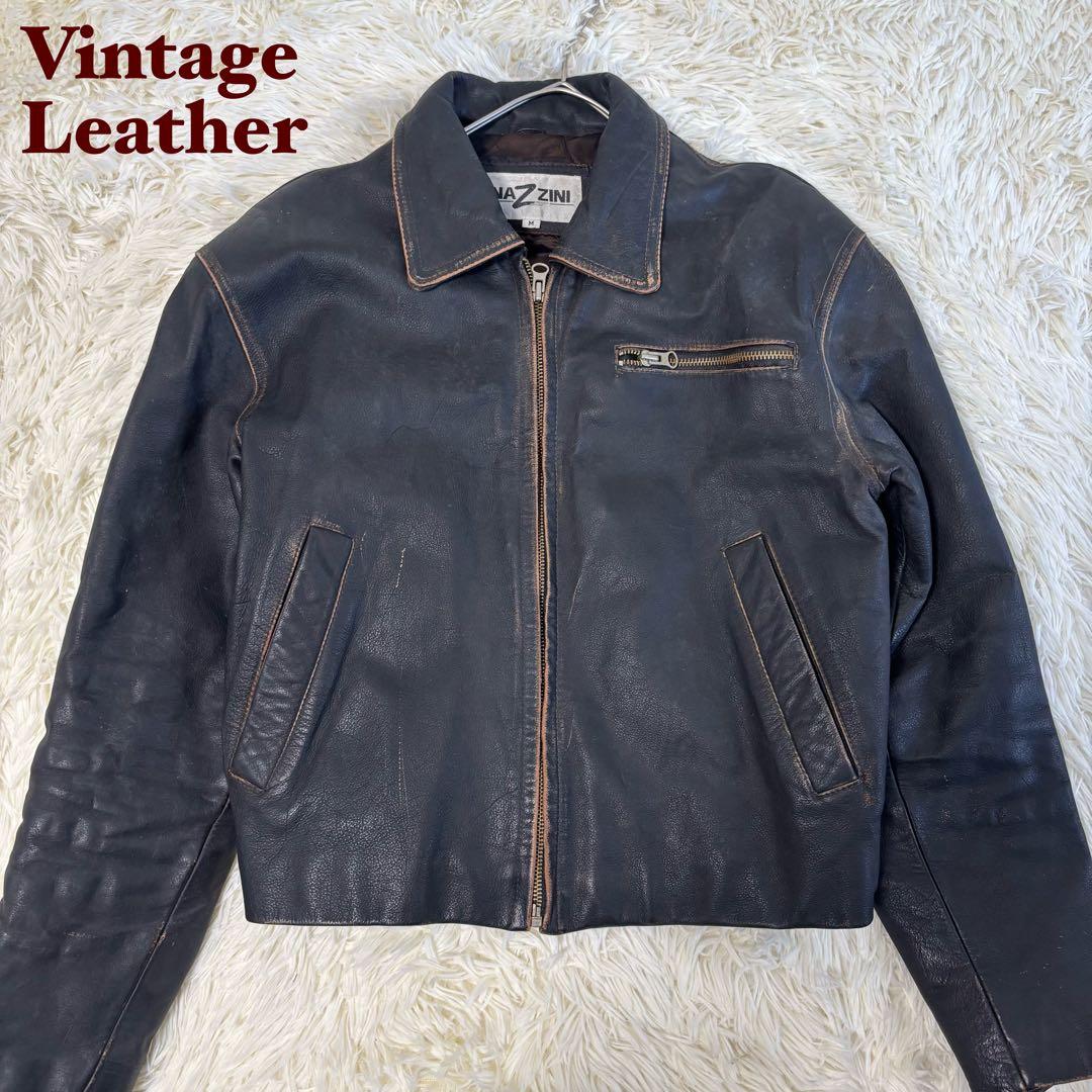 90's✨レザージャケット　シングルライダース　炭黒　フェード　本革　黒　M