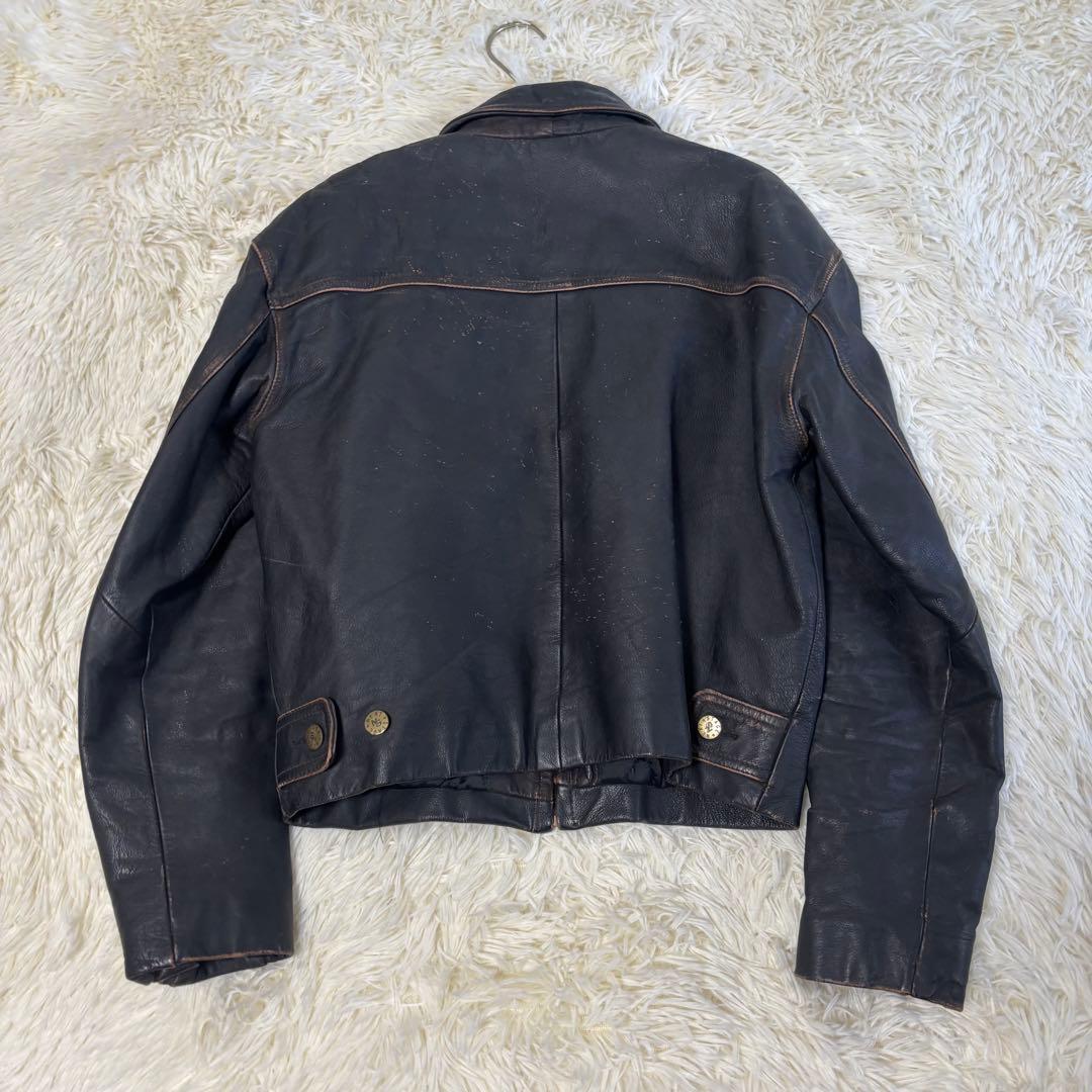 90's✨レザージャケット　シングルライダース　炭黒　フェード　本革　黒　M