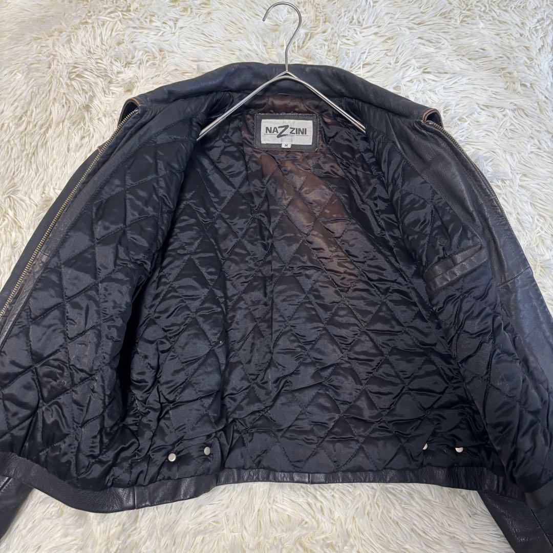 90's✨レザージャケット　シングルライダース　炭黒　フェード　本革　黒　M