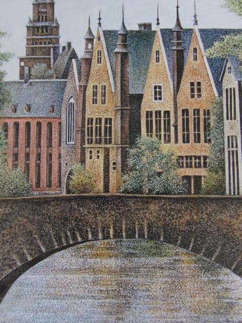 桑島春彦、【橋のある風景】、希少な額装用画集より、新品額装付