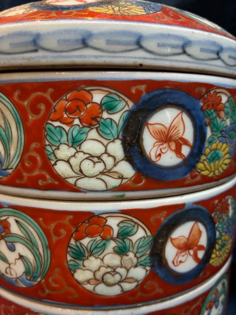 古伊万里　色絵　陶重　重箱　お節料理　江戸時代　傷直しあり　欠け無し