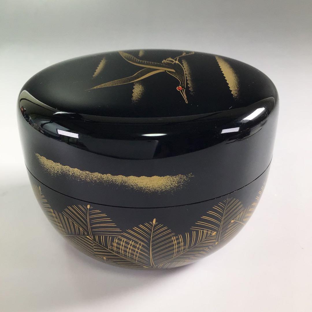 Ｐ８９３　棗　『前志芸男作』『沈金』『松に鶴蒔絵』『平棗』　共箱　茶道具