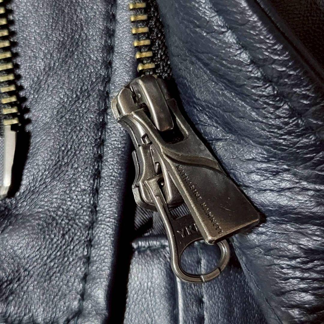 美品✨　キャサリンハムネットロンドン　シングルライダース　フード　羊革　紺　L