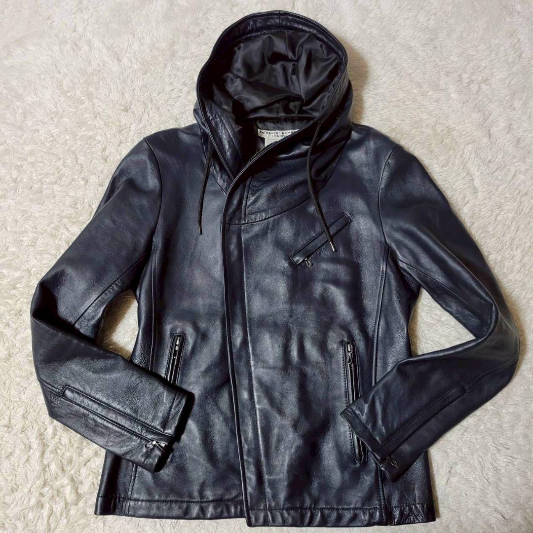 美品✨　キャサリンハムネットロンドン　シングルライダース　フード　羊革　紺　L