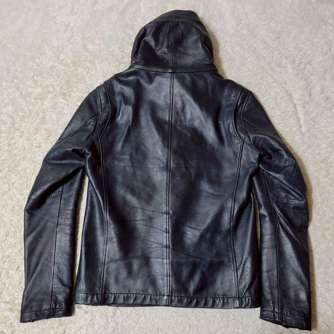 美品✨　キャサリンハムネットロンドン　シングルライダース　フード　羊革　紺　L