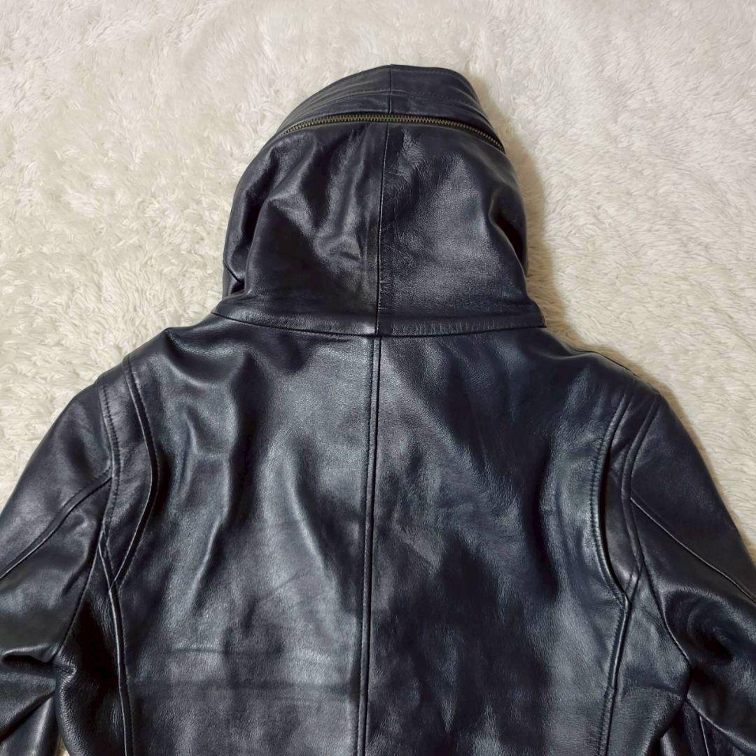 美品✨　キャサリンハムネットロンドン　シングルライダース　フード　羊革　紺　L