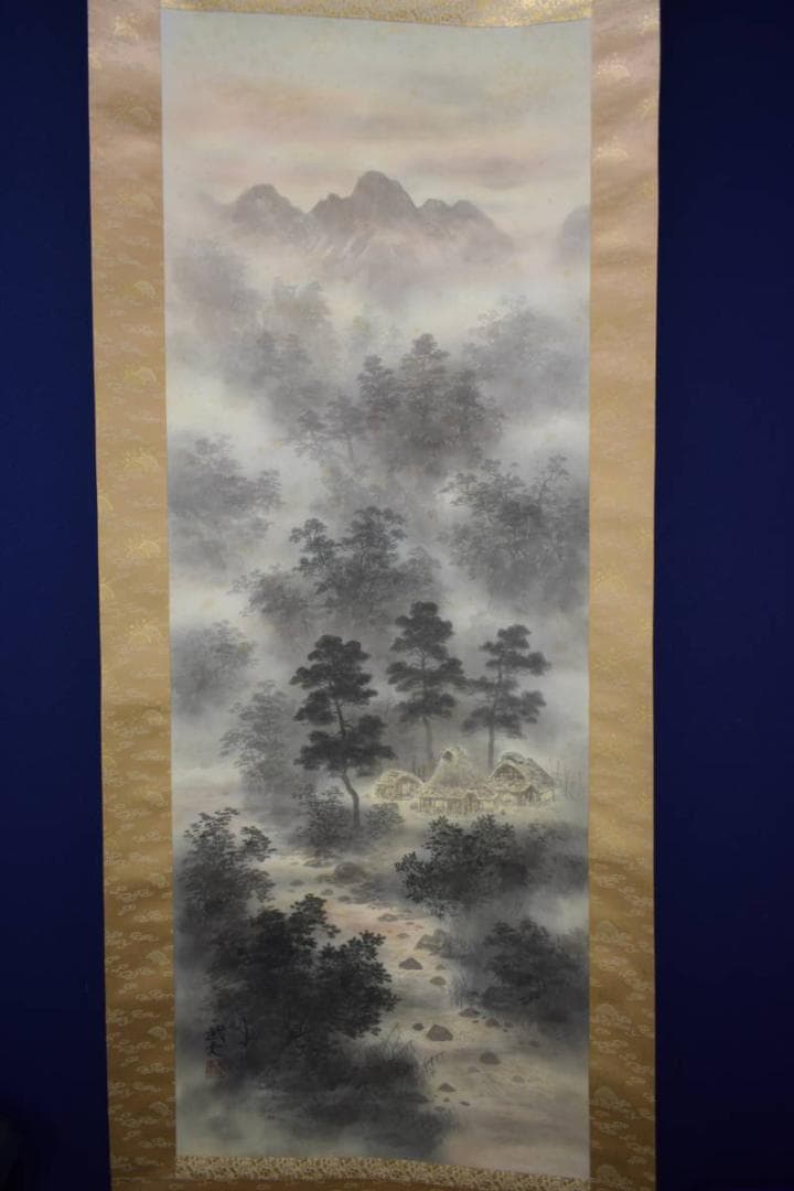 真作/鈴木武夫/山水民家図/淡彩風景図/桐共箱二重箱付/布袋屋掛軸HJ-202