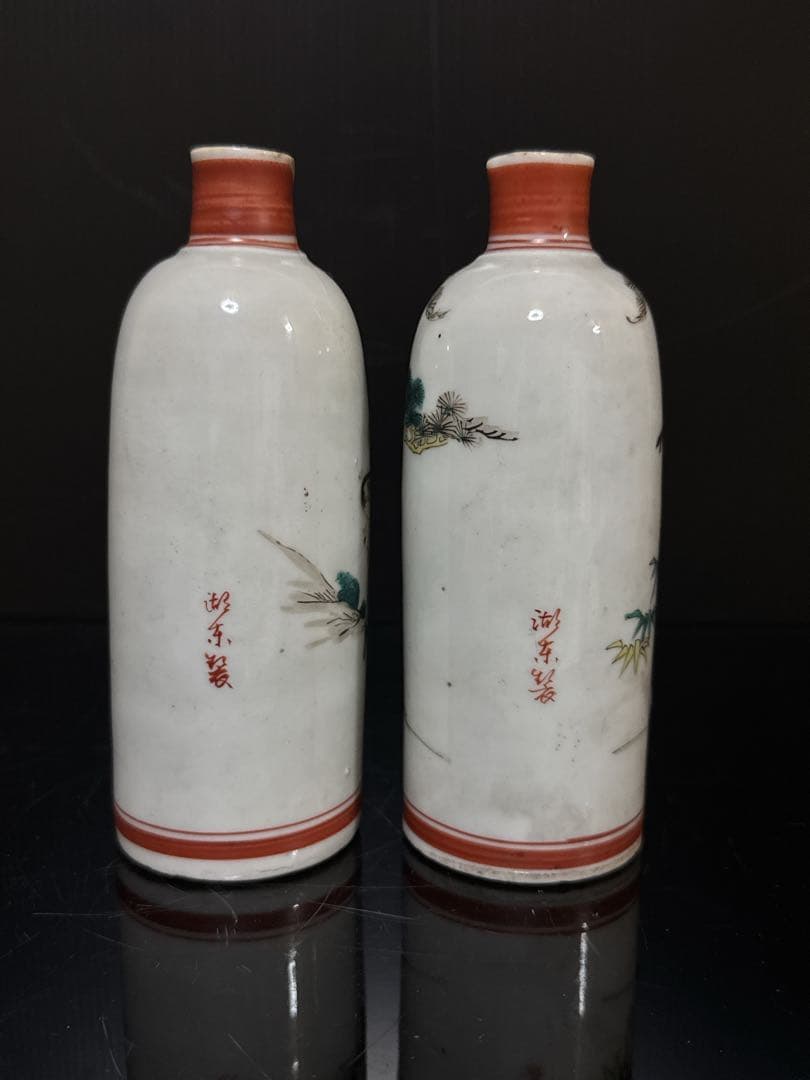 江戸期 湖東焼 彩色寿老人鶴図 徳利 酒器 天保年墨書