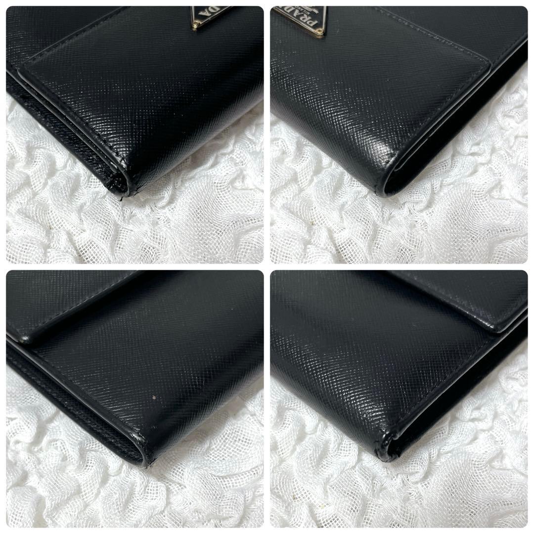 美品✨プラダ　三つ折り財布　サフィアーノ　レザー　三角ロゴ　プレート　ブラック