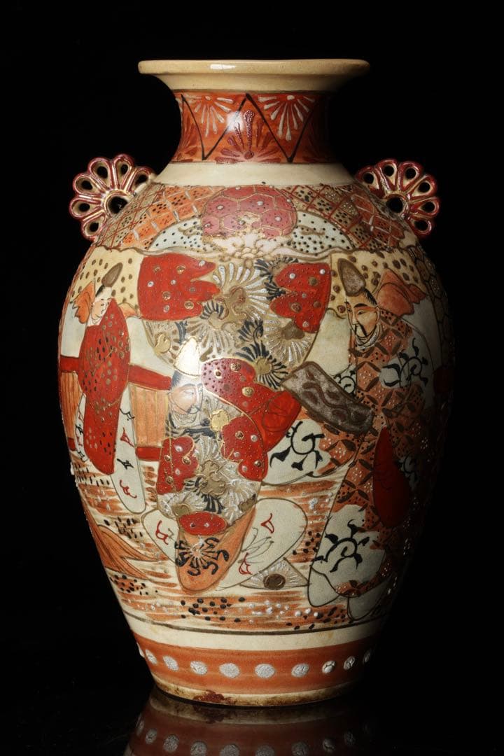 九谷焼 古九谷 赤絵金彩人物図双耳花瓶 飾壺 29㎝ 共箱 時代 古美術 骨董品