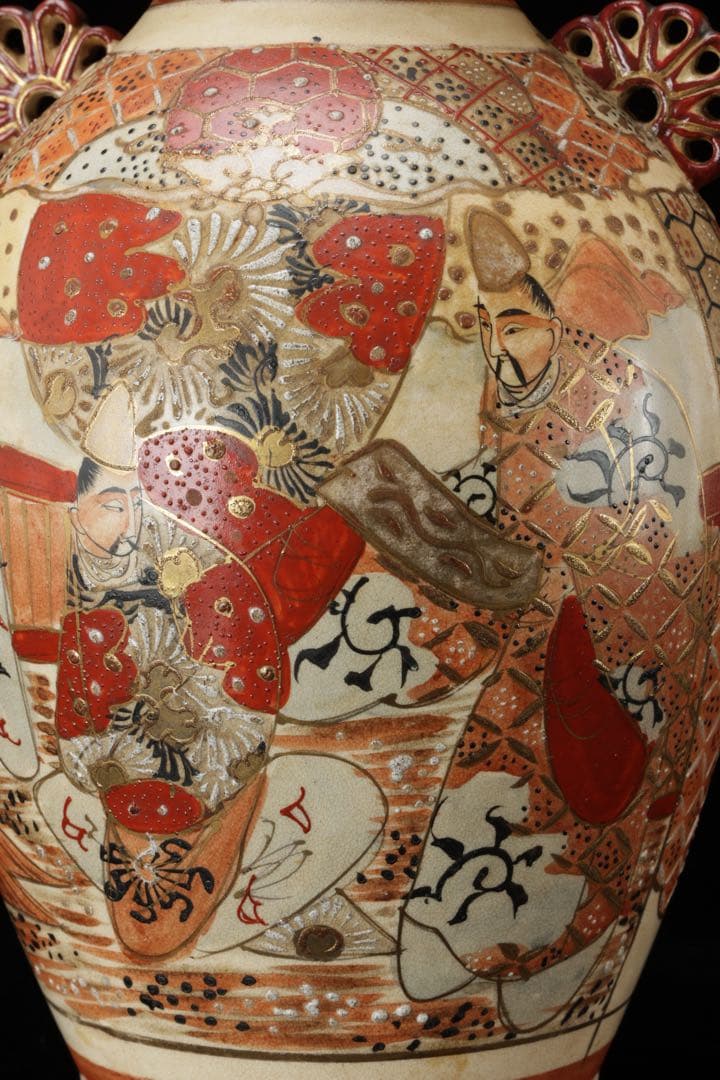 九谷焼 古九谷 赤絵金彩人物図双耳花瓶 飾壺 29㎝ 共箱 時代 古美術 骨董品