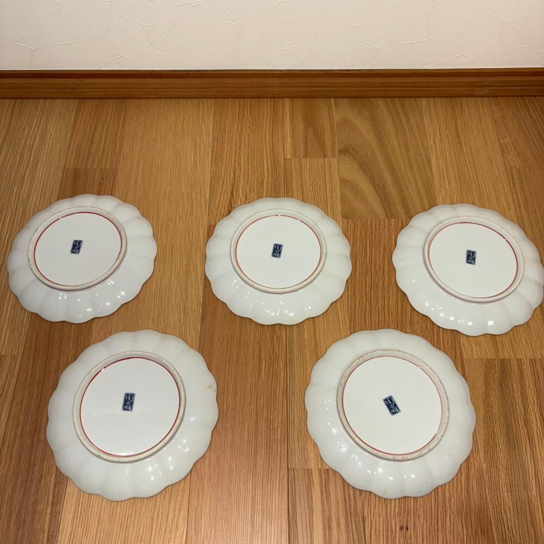 古伊万里写色絵金襴手南蛮船南蛮人図大皿 在銘　陶扇31cm 5枚