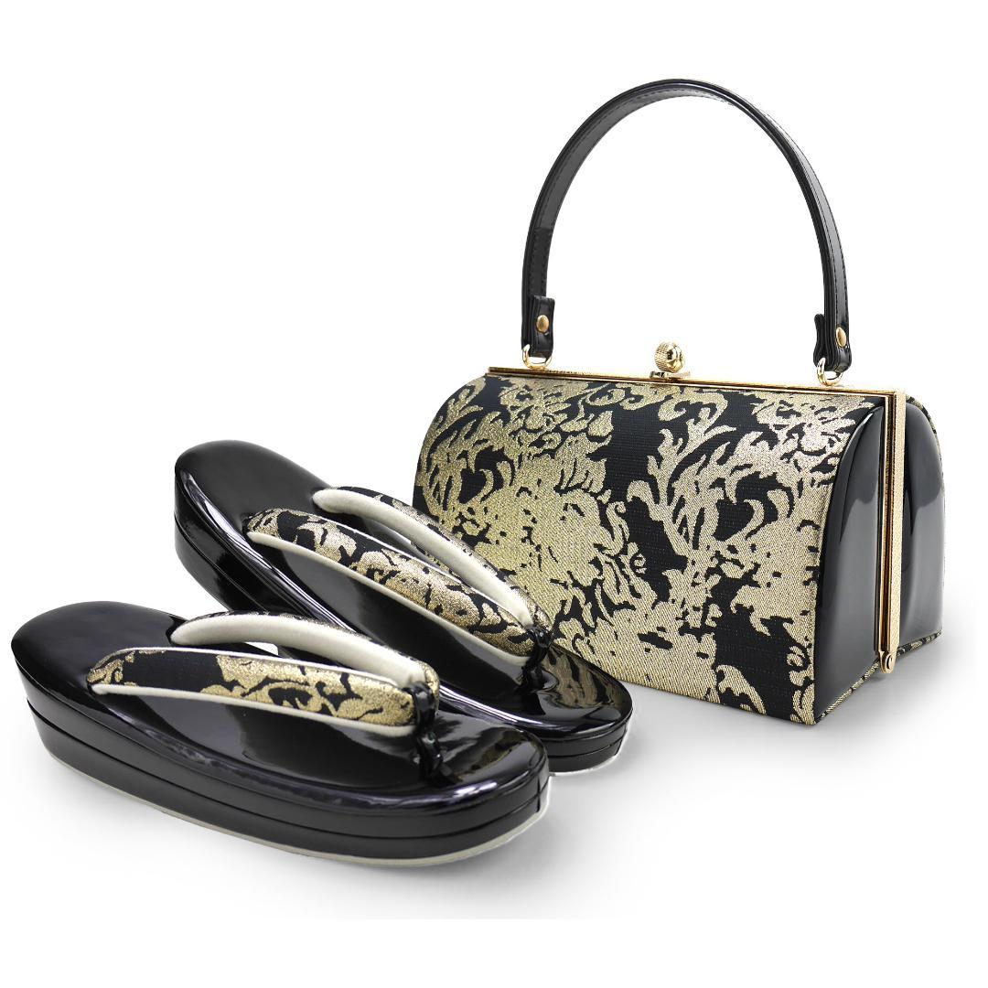 草履バッグセット 帯地 振袖 成人式 結婚 留袖 黒 金 uzouri114-1