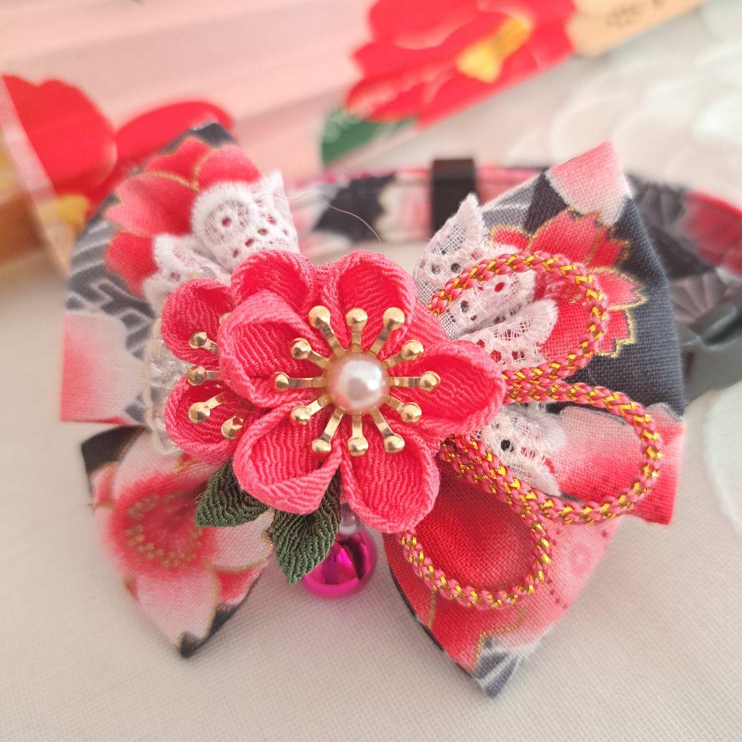 お正月、つまみ細工リボン(黒③)わんちゃん猫ちゃん用首輪