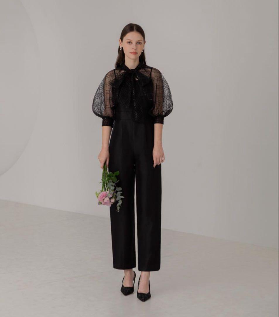 【LEJA】ドット柄スパンコールパフスリーブボレロオールインワンドレス S