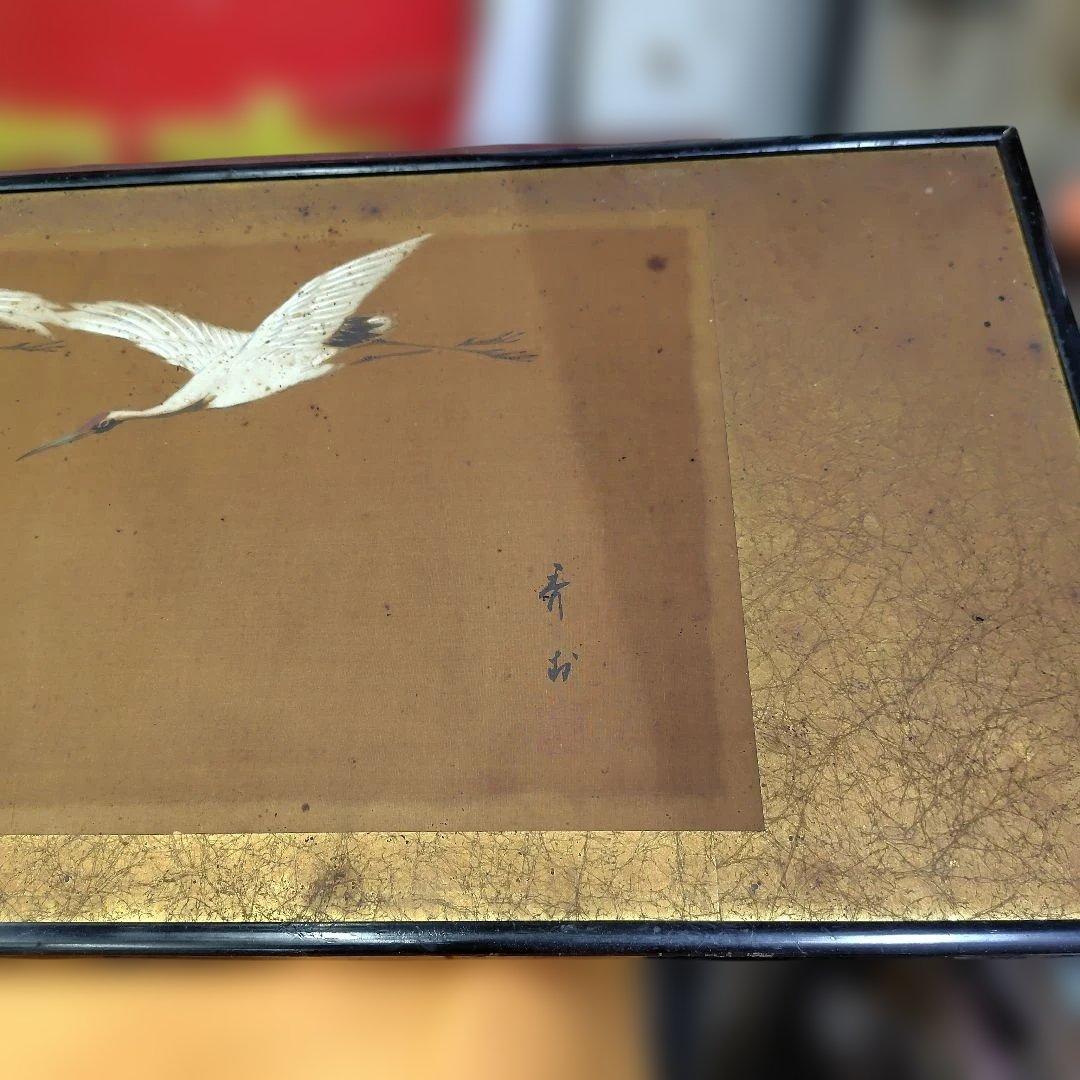 鶴の手描き絵画 黒フレーム付き