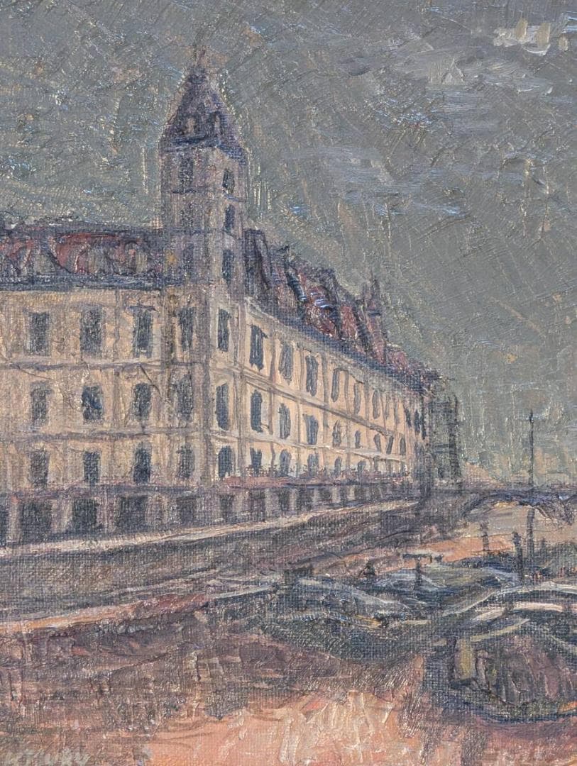 【真作】絵画　鶴山好一　油彩3号　静寂の運河街　都市風景　新制作協会作家　X10