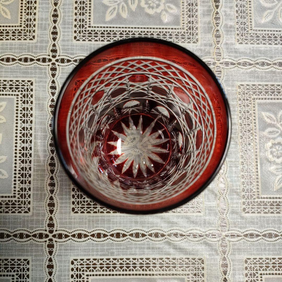 \"未使用\" ヤマザキガラス製　薩摩切子　南蛮赤　矢来　籠目　菊透かし紋様　水割り