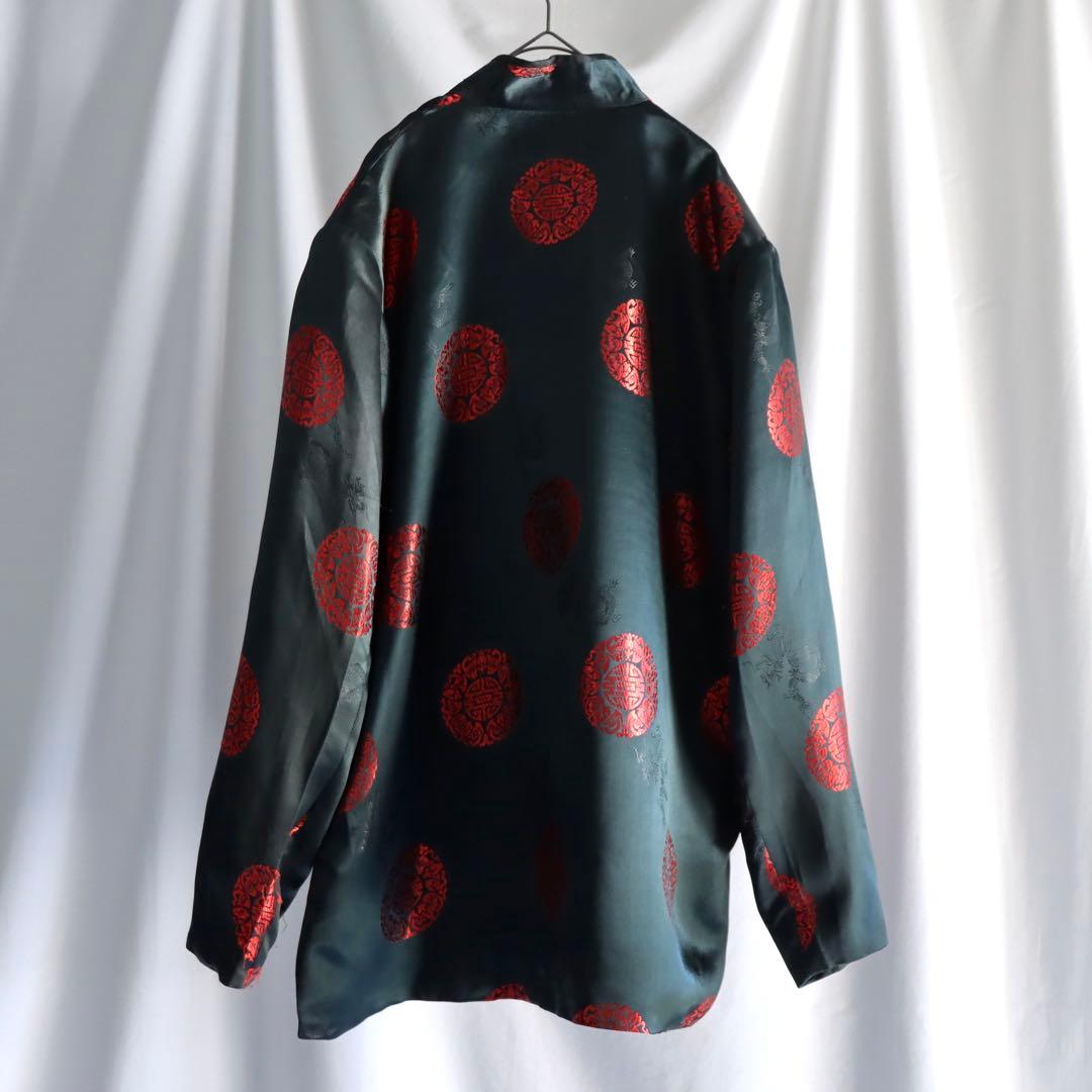 90s archive ブラック チャイナブルゾン 厚手 サテン アウター 黒色