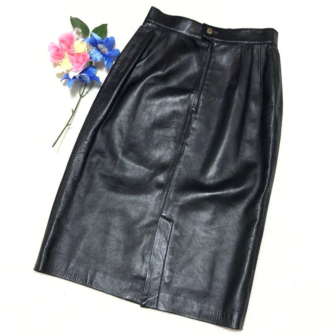 極美品　ロエベ　ひざ丈スカート　アナグラム　タイト　とろとろラムレザー 黒