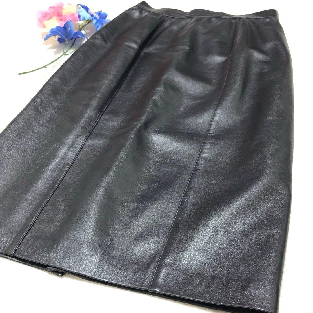極美品　ロエベ　ひざ丈スカート　アナグラム　タイト　とろとろラムレザー 黒