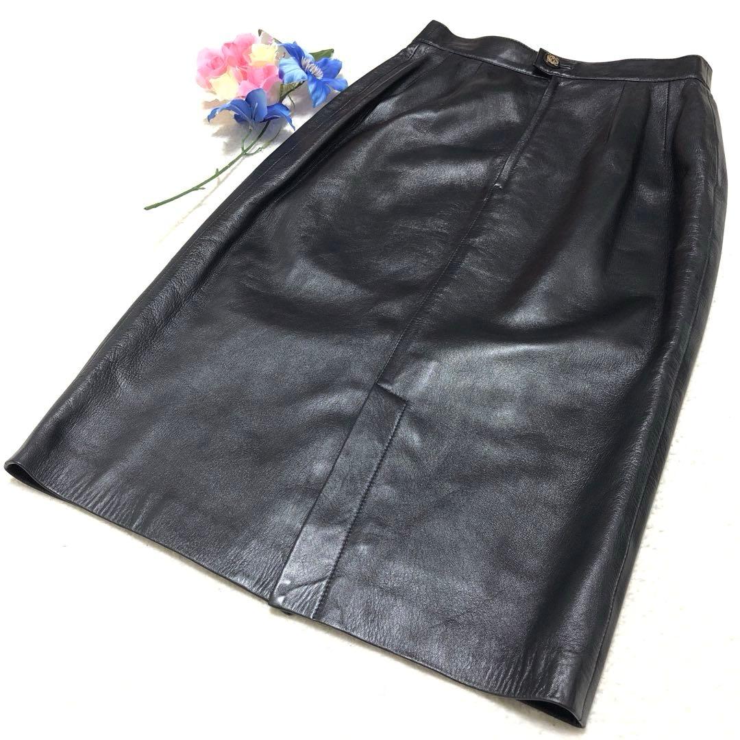 極美品　ロエベ　ひざ丈スカート　アナグラム　タイト　とろとろラムレザー 黒