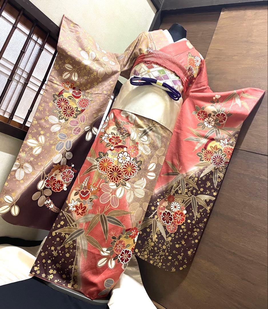 振袖 フルセット6点サイズM〜Ｌ菊花丸文　銀駒刺繍　正絹