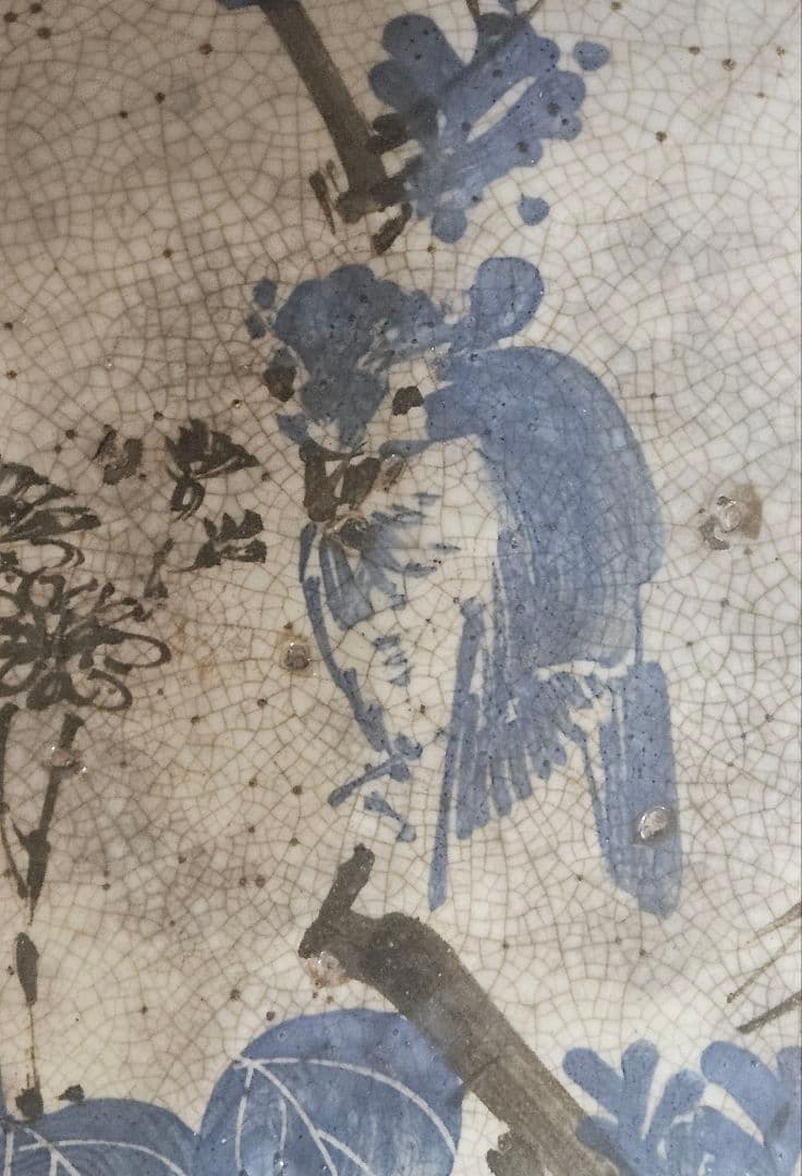 江戸時代　古清水　野々村仁清 銘　呉須 鉄絵　鳥に草花図　23.5cm鉢　盛り鉢