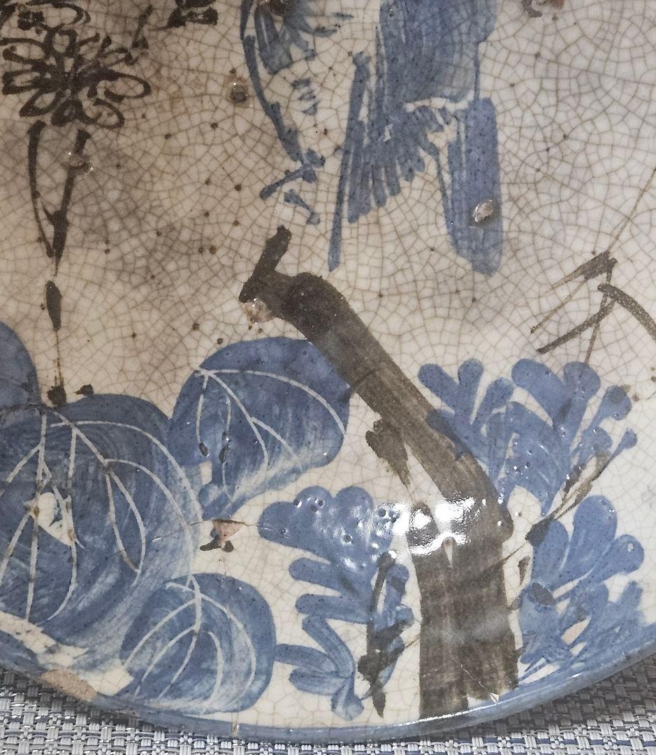 江戸時代　古清水　野々村仁清 銘　呉須 鉄絵　鳥に草花図　23.5cm鉢　盛り鉢