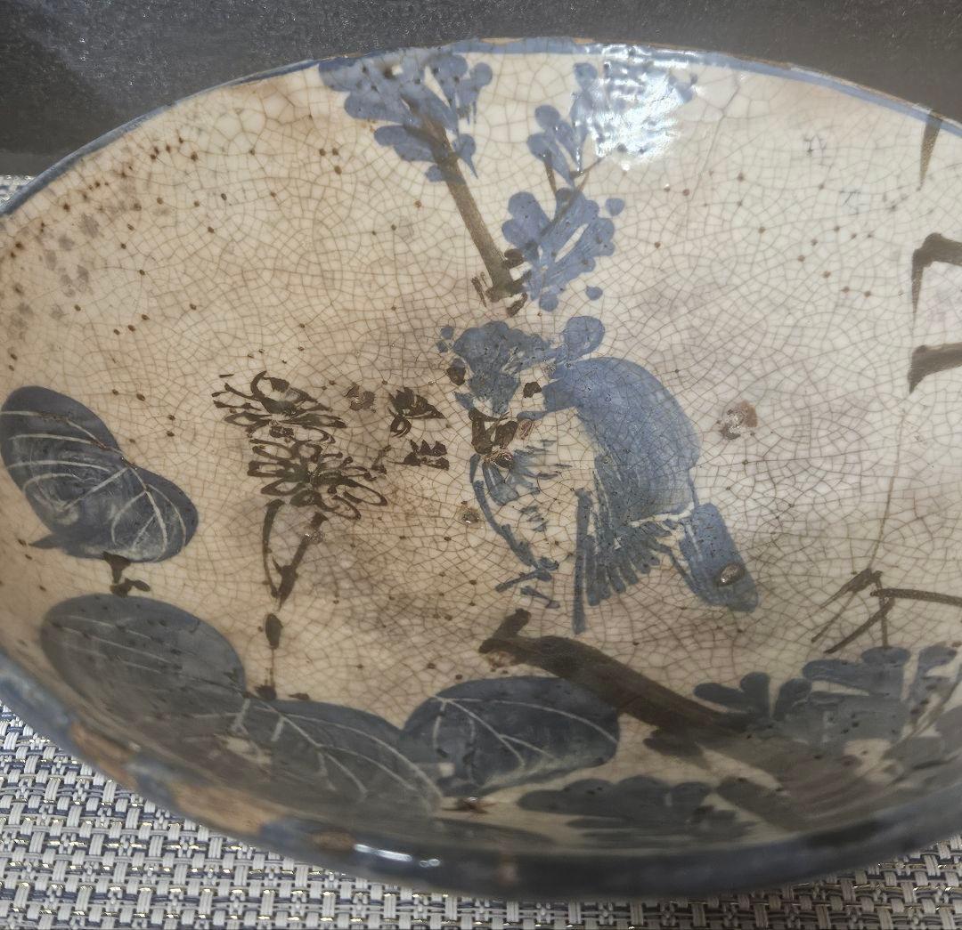 江戸時代　古清水　野々村仁清 銘　呉須 鉄絵　鳥に草花図　23.5cm鉢　盛り鉢