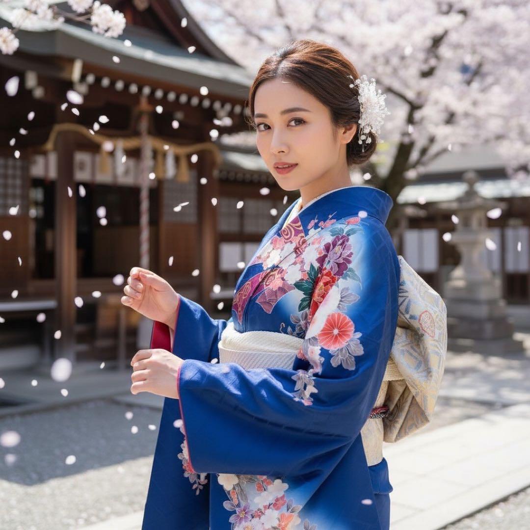 振袖豪華9点フルセット　青系　金駒刺繍　金彩　牡丹　貝桶　成人式　結婚式