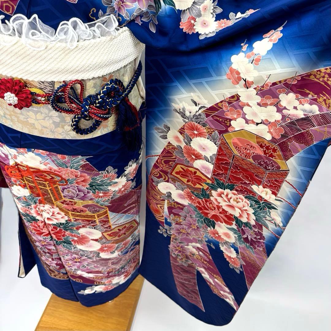 振袖豪華9点フルセット　青系　金駒刺繍　金彩　牡丹　貝桶　成人式　結婚式