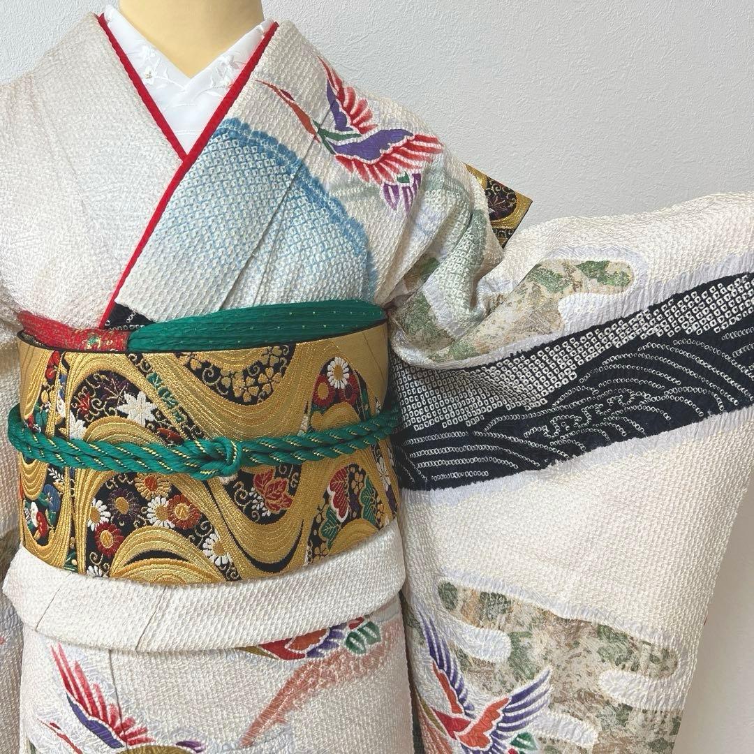 390 振袖フルセット 正絹 絞り 白地 黒 赤 緑 多色 カラフル 金彩