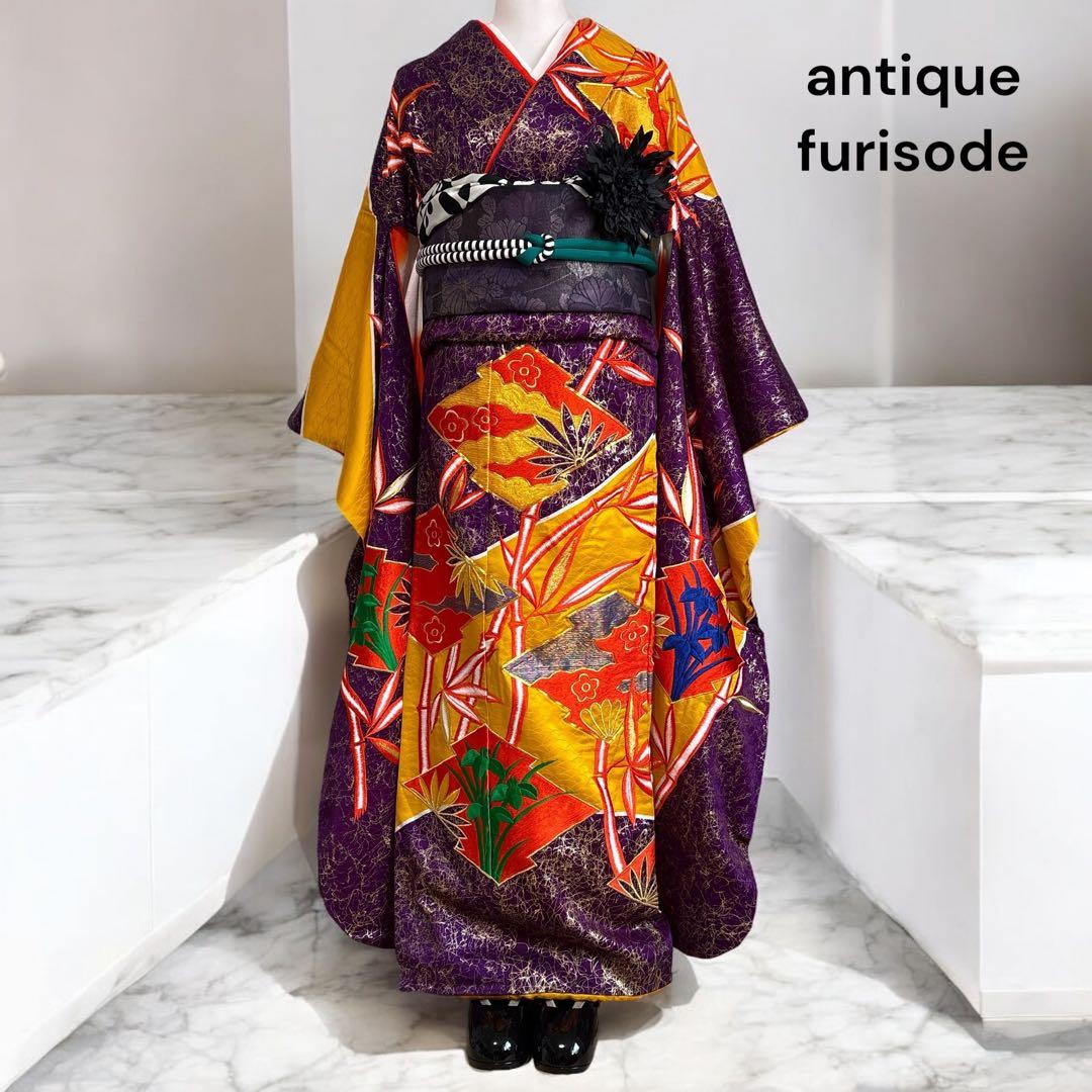 (あ862)アンティーク大振袖㊗️紫に金の幾何学模様 総刺繍✨️③点セット