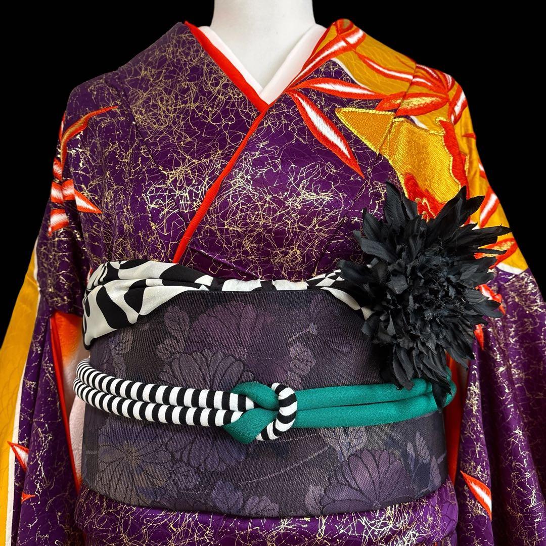 (あ862)アンティーク大振袖㊗️紫に金の幾何学模様 総刺繍✨️③点セット