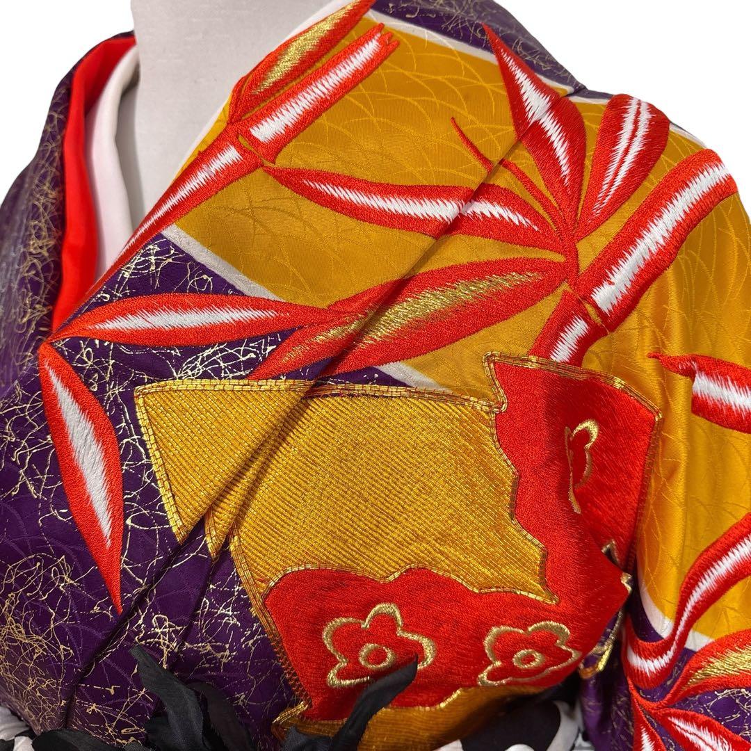 (あ862)アンティーク大振袖㊗️紫に金の幾何学模様 総刺繍✨️③点セット