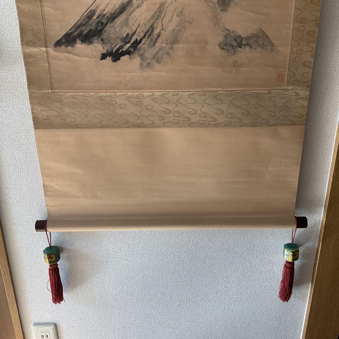 水田竹圃 紙本 水墨富士図 落款印譜在 桐箱