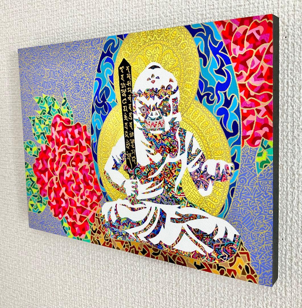 値下げ　原画　不動明王　仏像　絵画　アクリル画　現代アート　細密画　一点物