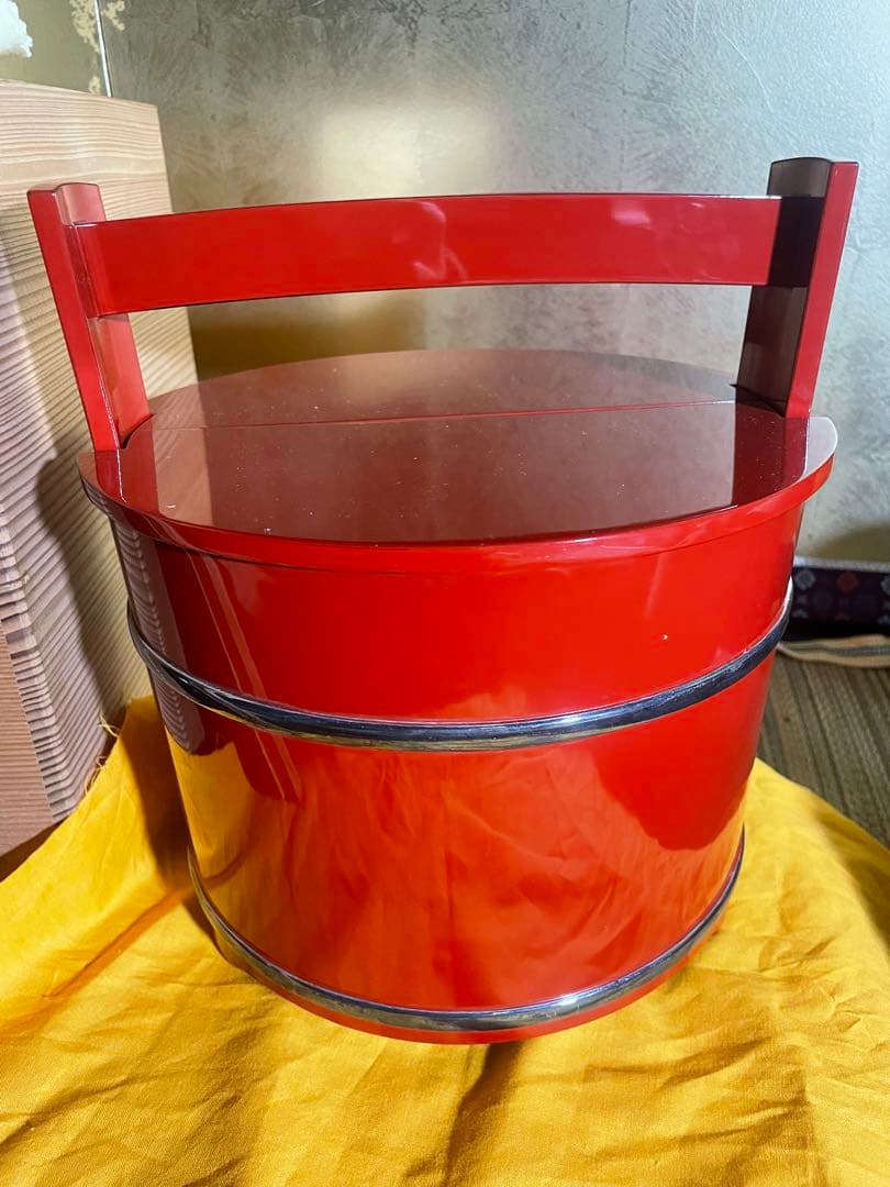 輪島塗　本朱塗　手桶水指　銀箍　銀たが　内朱塗　塗師　宏峰作　供箱　茶道具