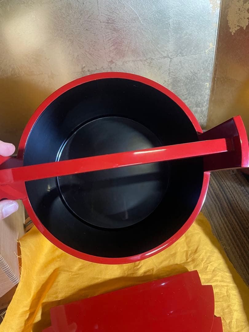 輪島塗　本朱塗　手桶水指　銀箍　銀たが　内朱塗　塗師　宏峰作　供箱　茶道具