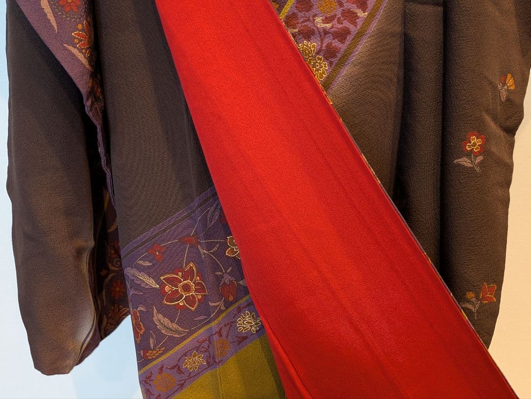 振袖フルセット 身丈168.5裄69.5 更紗 焦げ茶 ブラウン 金彩 成人式