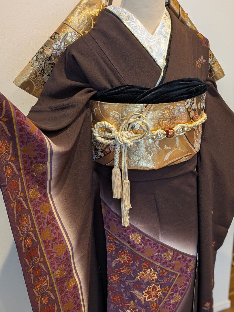 振袖フルセット 身丈168.5裄69.5 更紗 焦げ茶 ブラウン 金彩 成人式