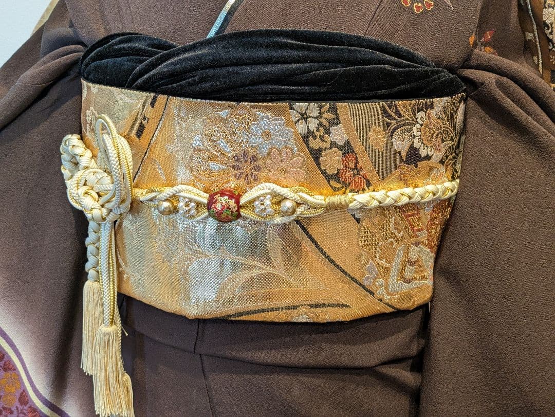 振袖フルセット 身丈168.5裄69.5 更紗 焦げ茶 ブラウン 金彩 成人式