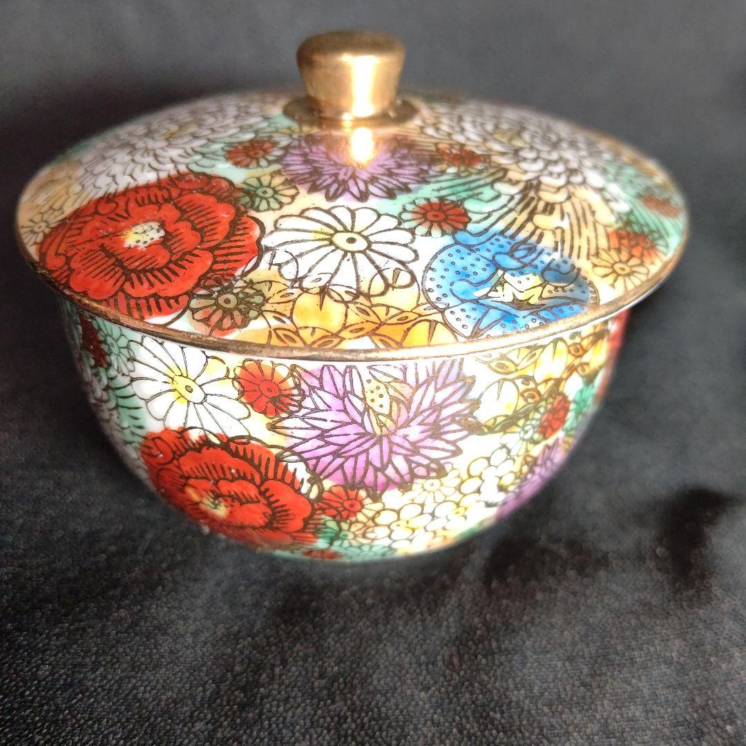 九谷隆山作 花詰 蓋付茶器五客揃 おまけ付き